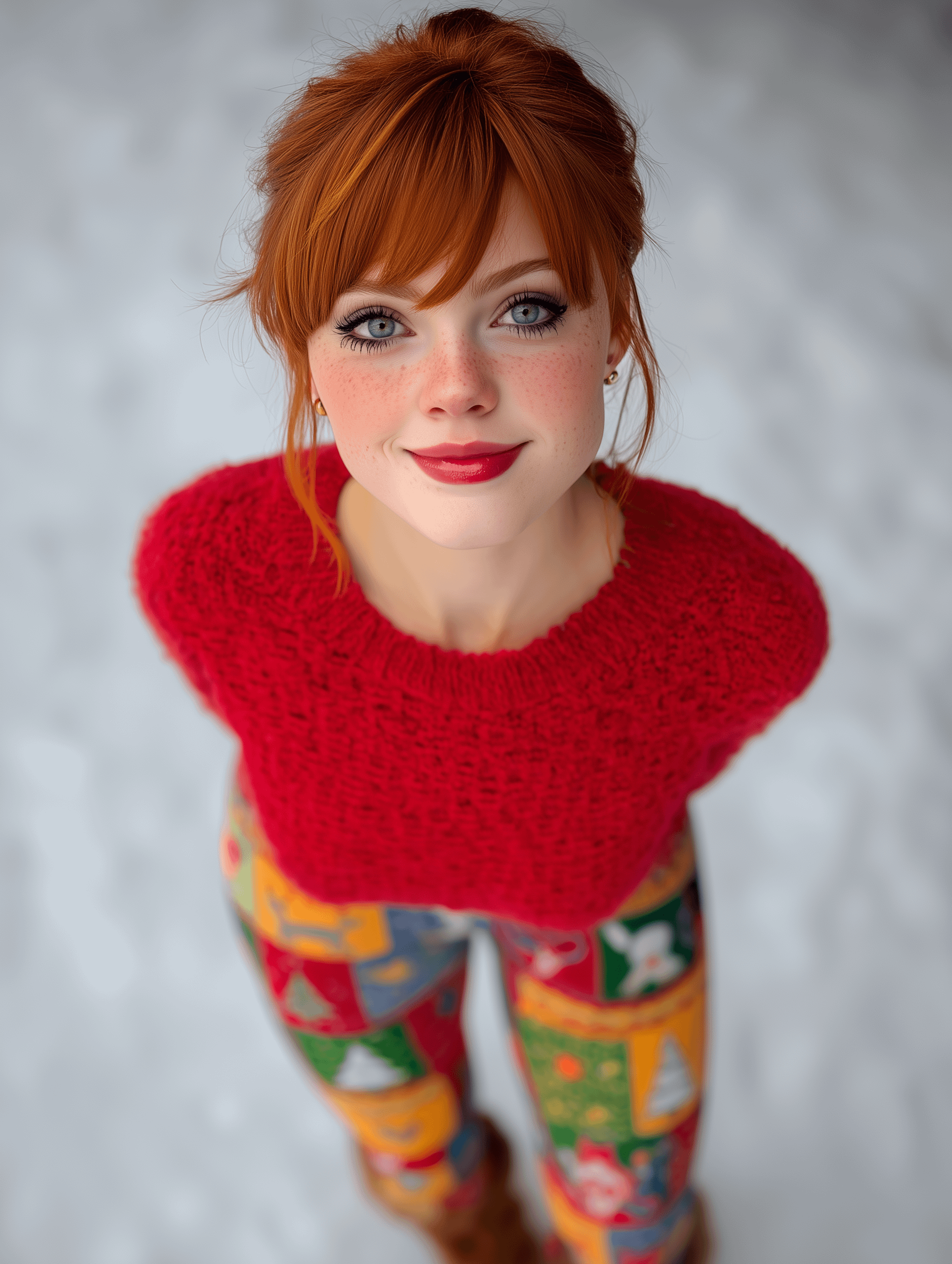 Red Hair Knit Sweater Geometric Leggings High Angle reference photo