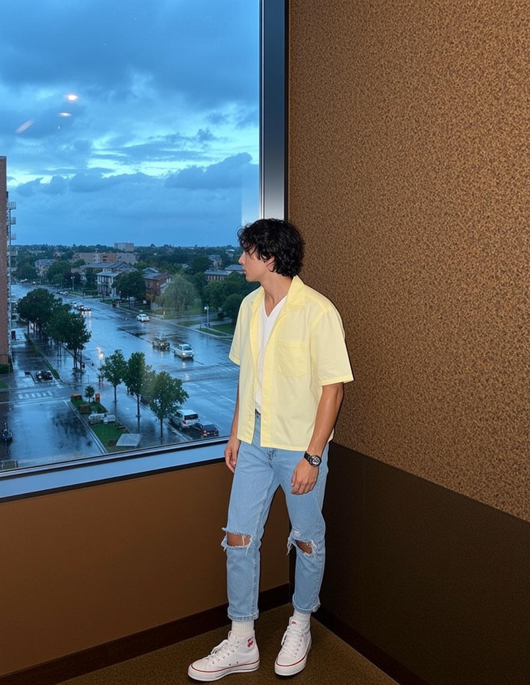 Young Dark Curly Fair Yellow Short-sleeved Button-up reference photo