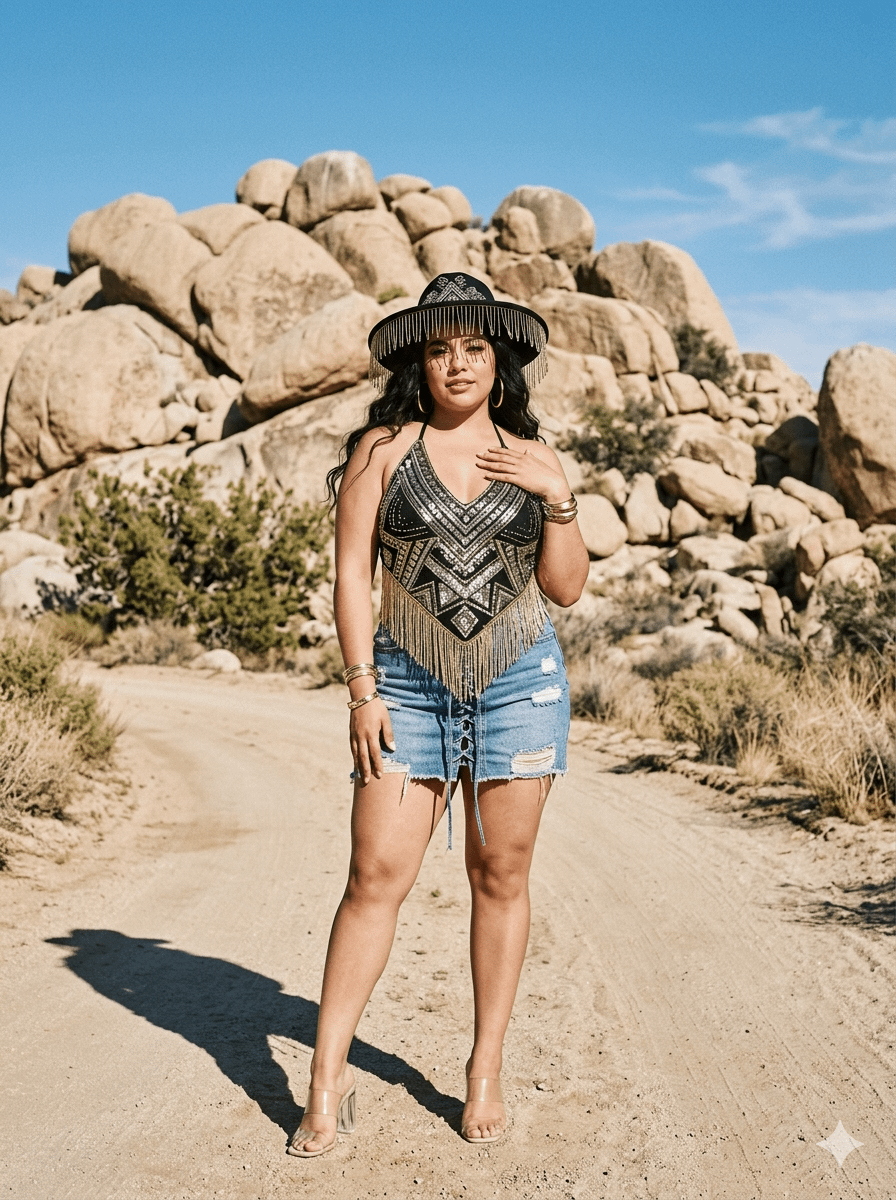 Sequin Festival Outfit Desert Road Boulders
