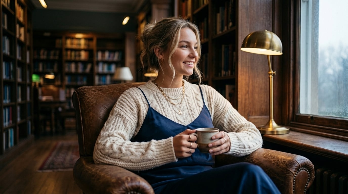 Cozy Library Intellectual Scene Dark Curly Hair Cream Sweater reference photo
