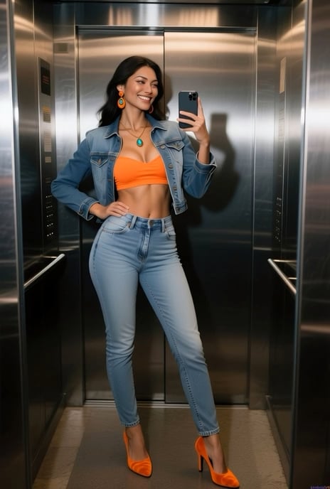 Denim Jacket Orange Top Selfie In Brushed Metal Elevator reference photo
