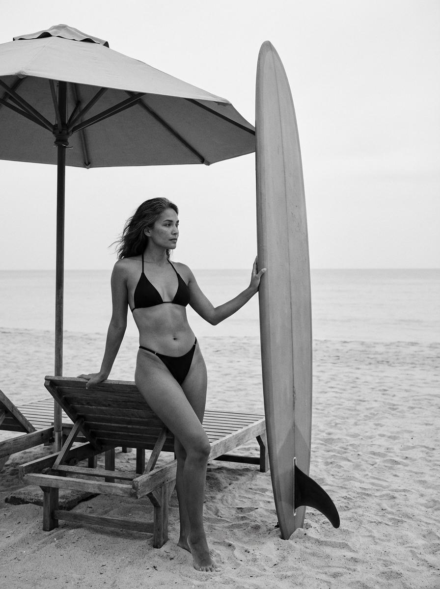 Beach Surfboard Umbrella Chairs Bikini Pose