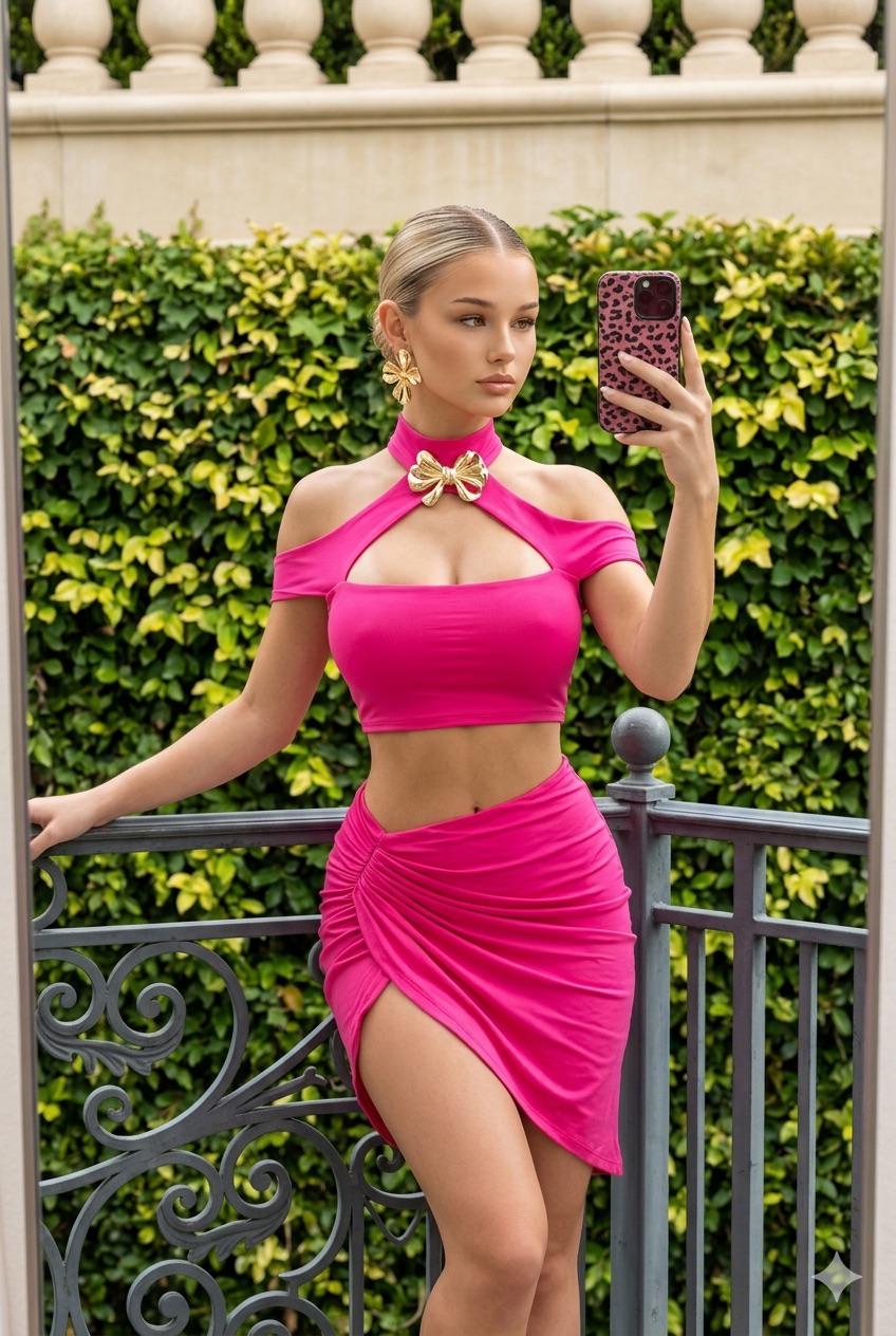 A woman taking a selfie on a balcony, wearing a pink crop top and ruched mini skirt with a high slit, surrounded by lush greenery.