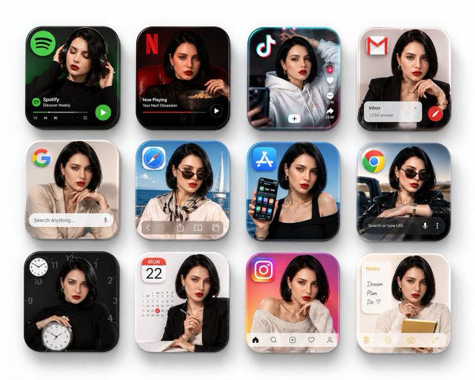 A grid of twelve mobile app icons on a white background, featuring a woman with dark hair and red lipstick styled for various app themes.