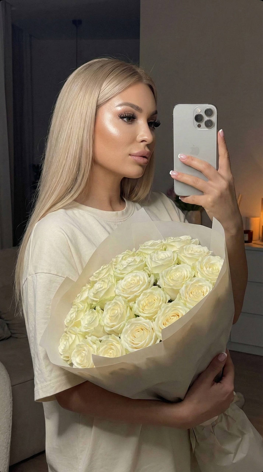 Realistic Girl Mirror Selfie White Roses