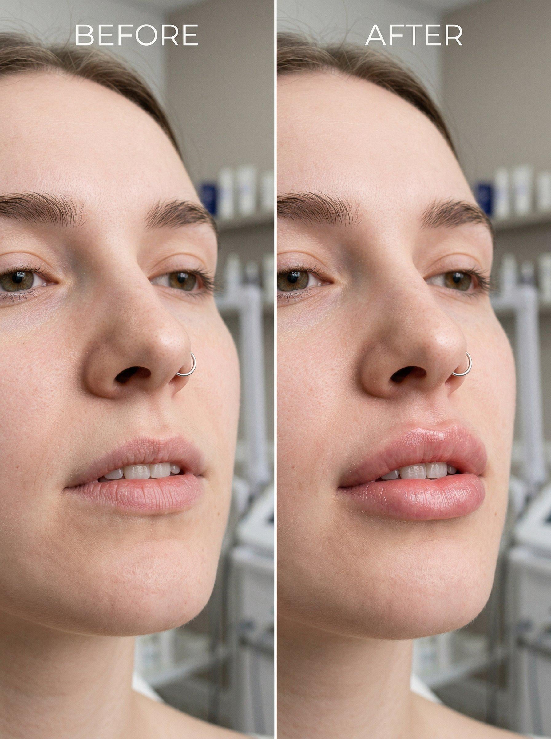 Close-up split-screen portrait showing lips before and after treatment in a medical office setting.