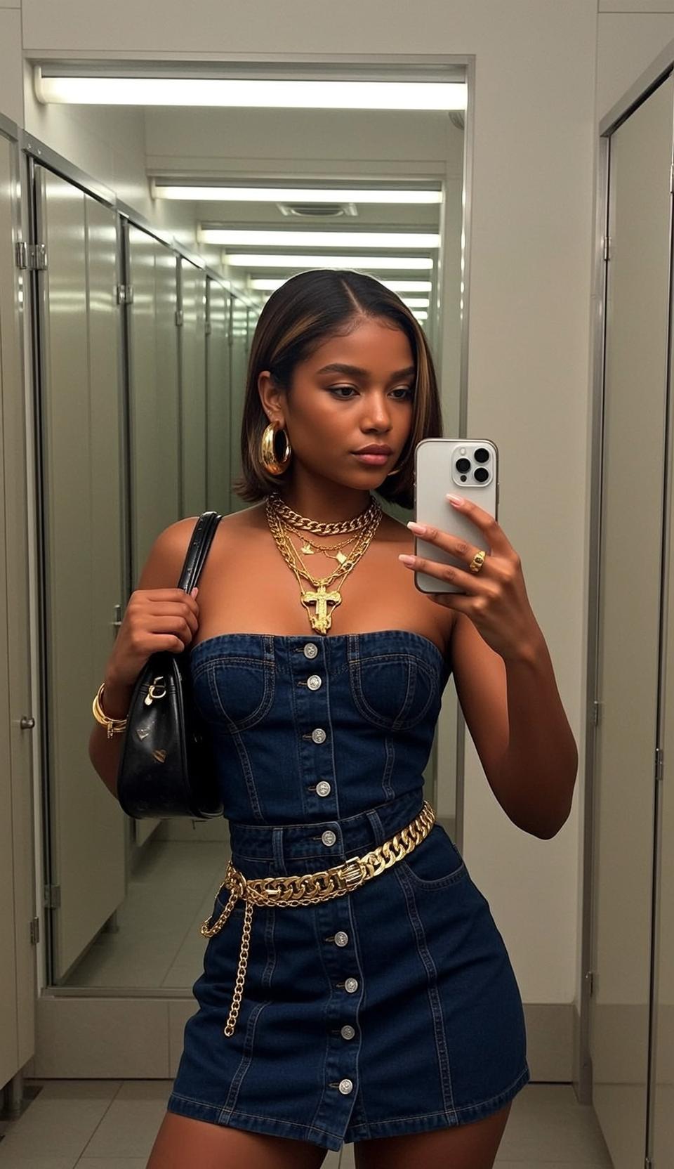 Baddie Stands Facing Mirror Holding Smartphone Her reference photo