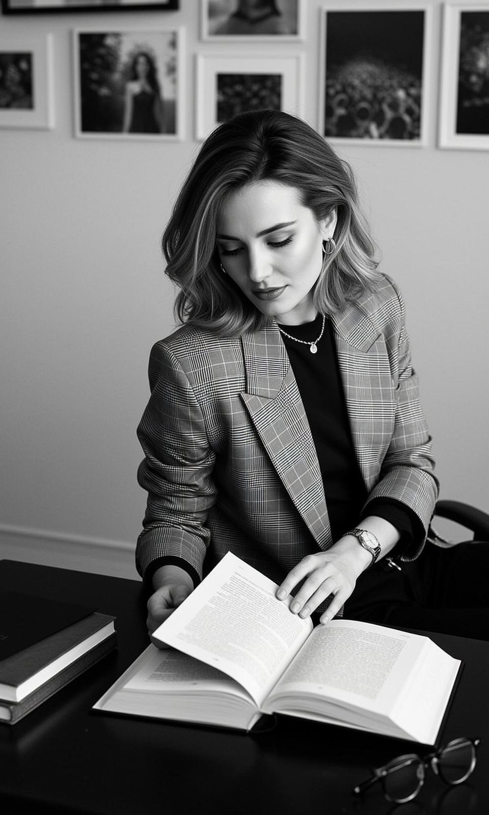 Plaid Blazer Black Crew Neck Indoor Office Black Desk Open reference photo