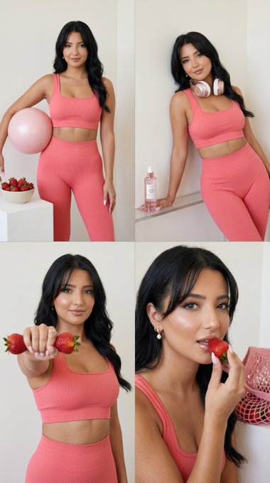 Woman in coral pink activewear holds a pale pink exercise ball and strawberries against a light wall.