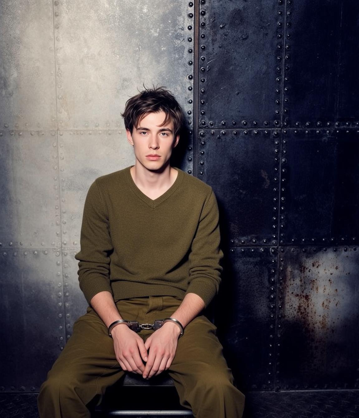 Young Brown Messy Pale Olive Green V-neck reference photo