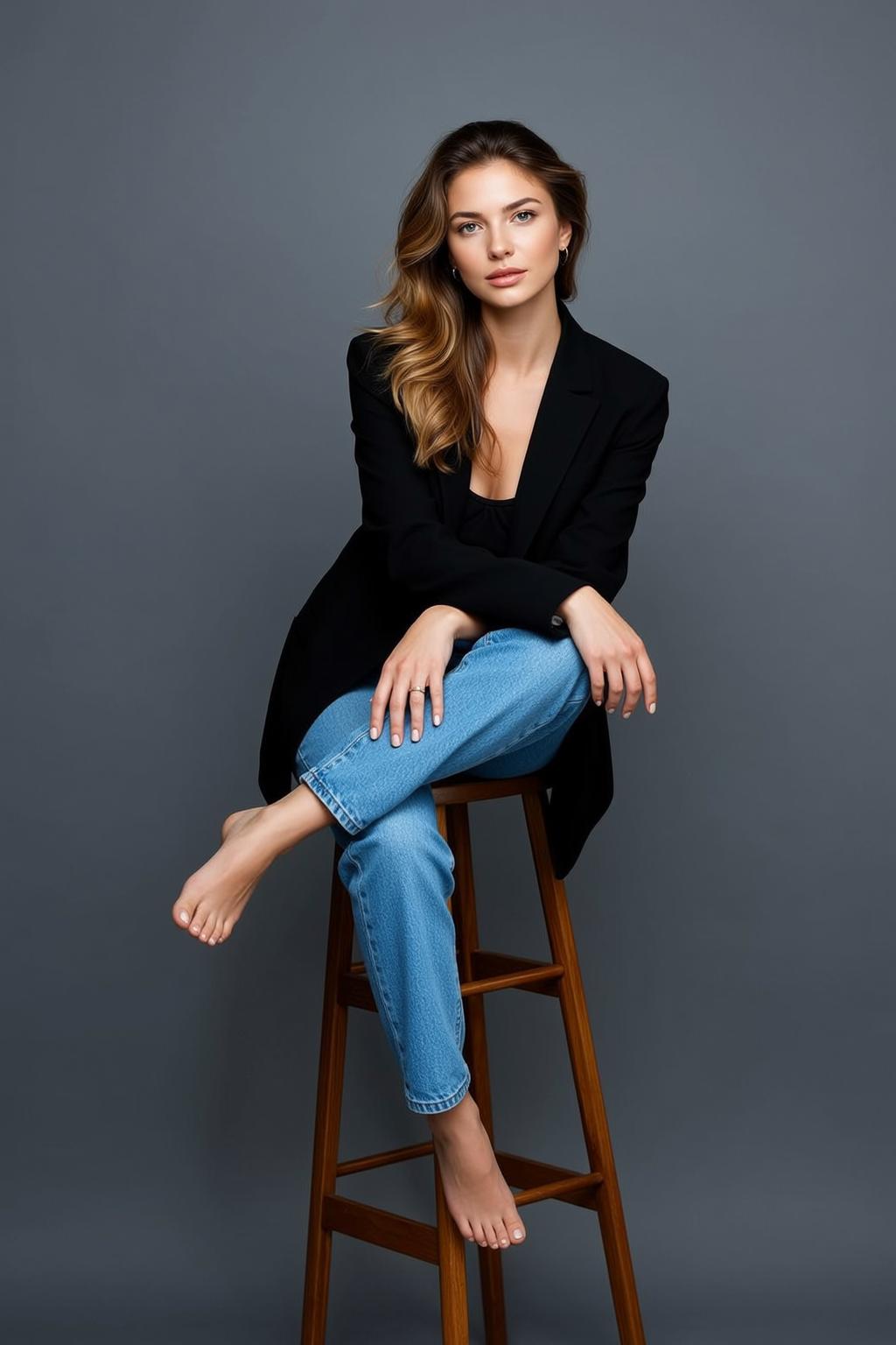 Black Blazer Black Tank Top Studio Grey Backdrop Wooden reference photo