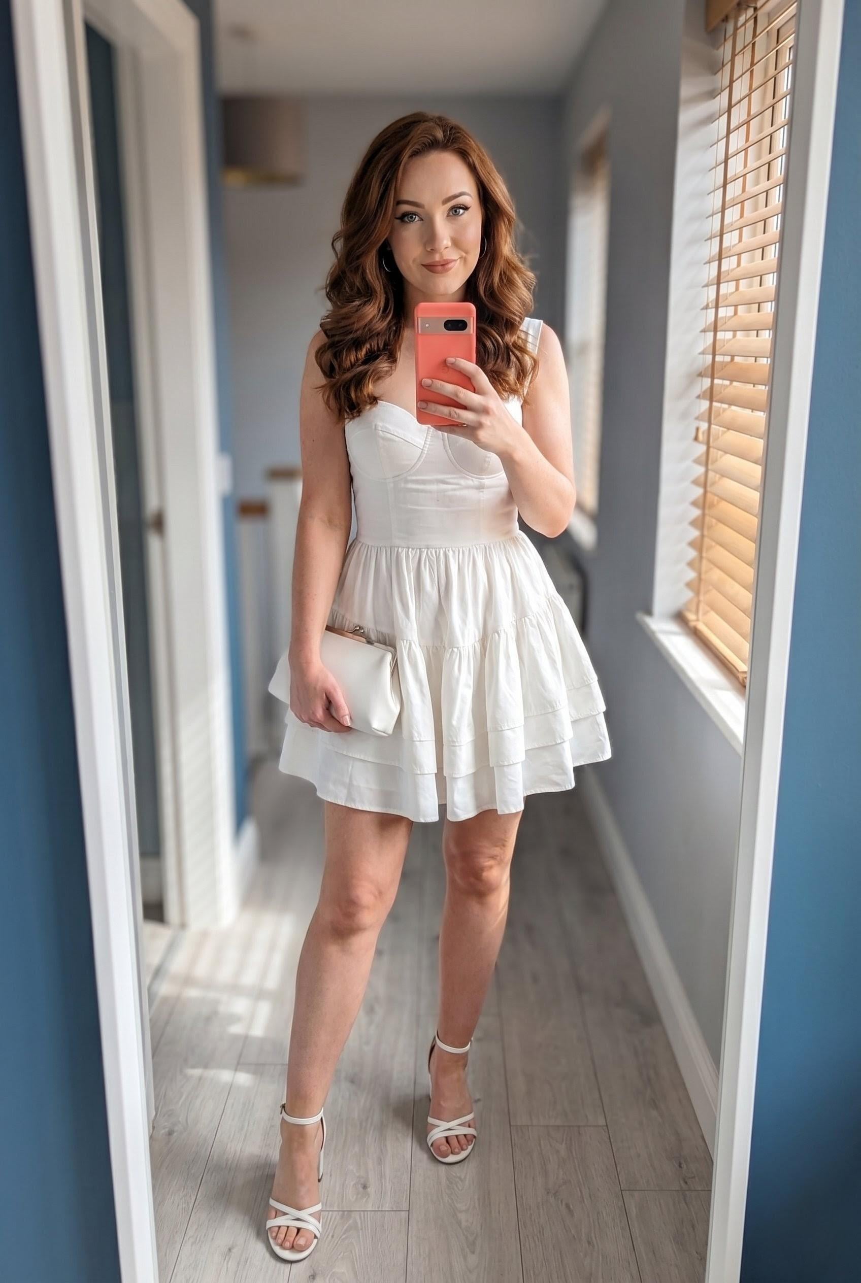 White Dress Hallway Mirror Selfie Coral Phone