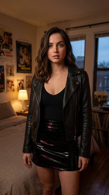 A woman stands in a dimly lit bedroom, wearing a black leather moto jacket over a ribbed top, with a sleek black mini skirt, in a cinematic pose.