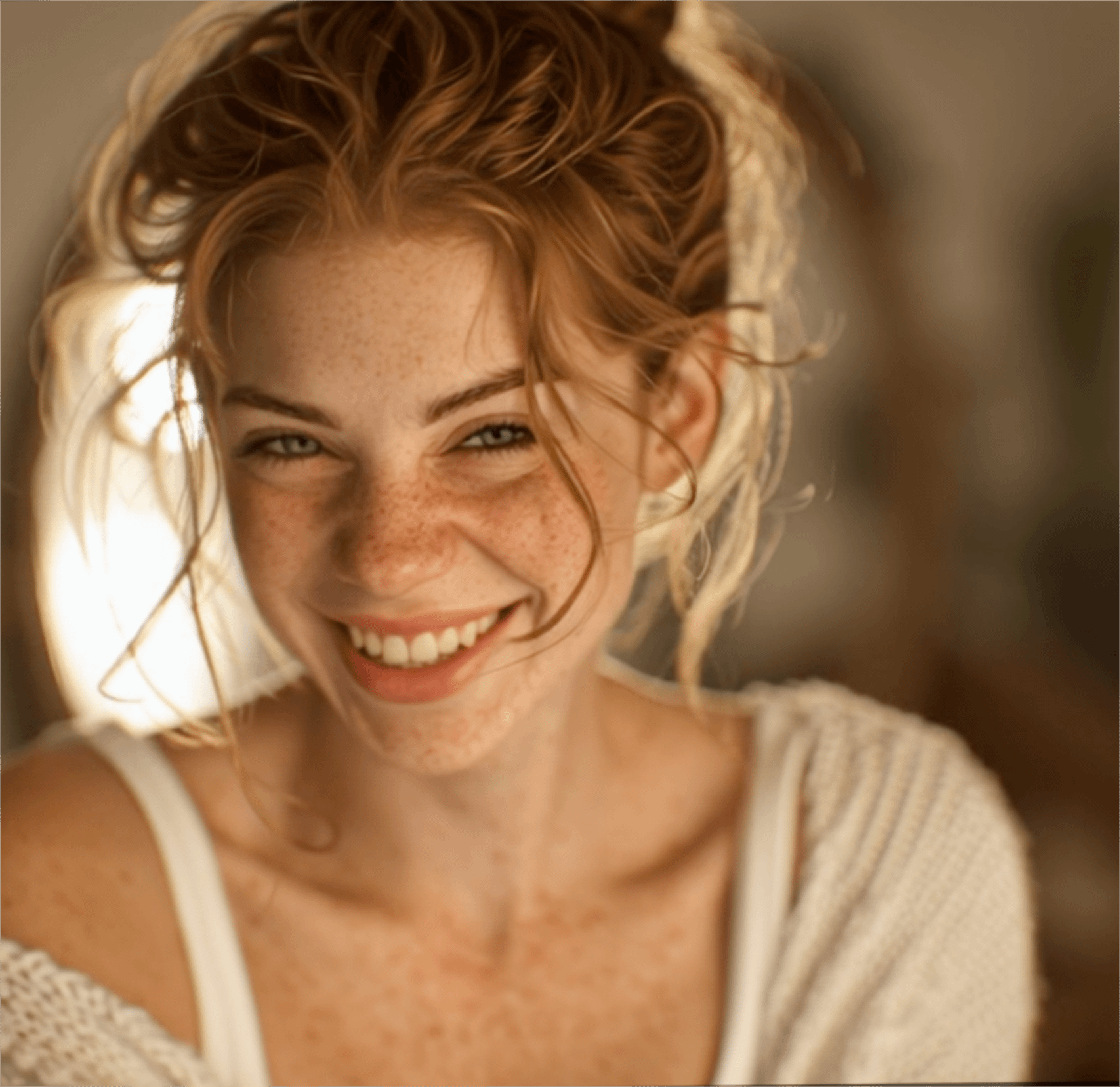 Smiling Woman In White Tank Top And Cream Cardigan reference photo