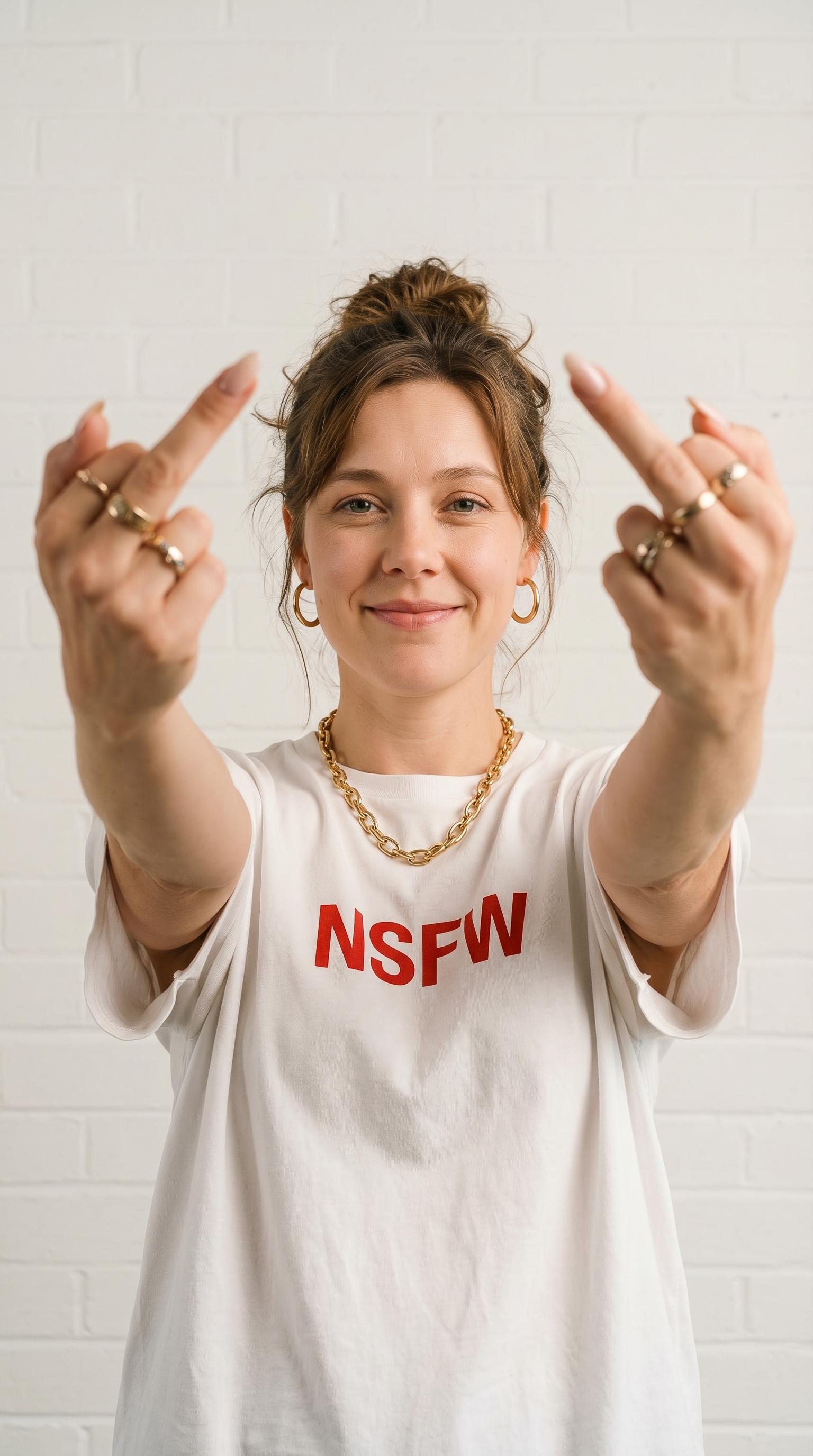 A woman in a white oversized T-shirt extending both hands toward the camera with middle fingers up against a white brick wall.