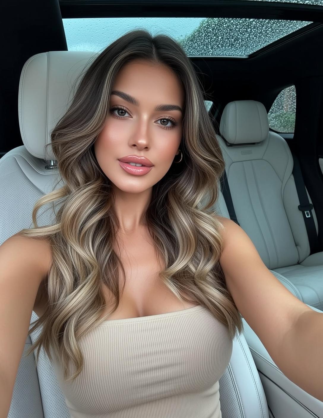Beige Strapless Car Selfie reference photo