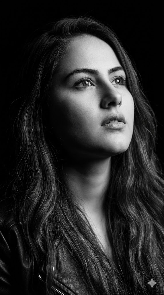 A dramatic black-and-white portrait of a user with wavy hair wearing a dark leather jacket, shot against a pure black background, featuring sculpted shadows.