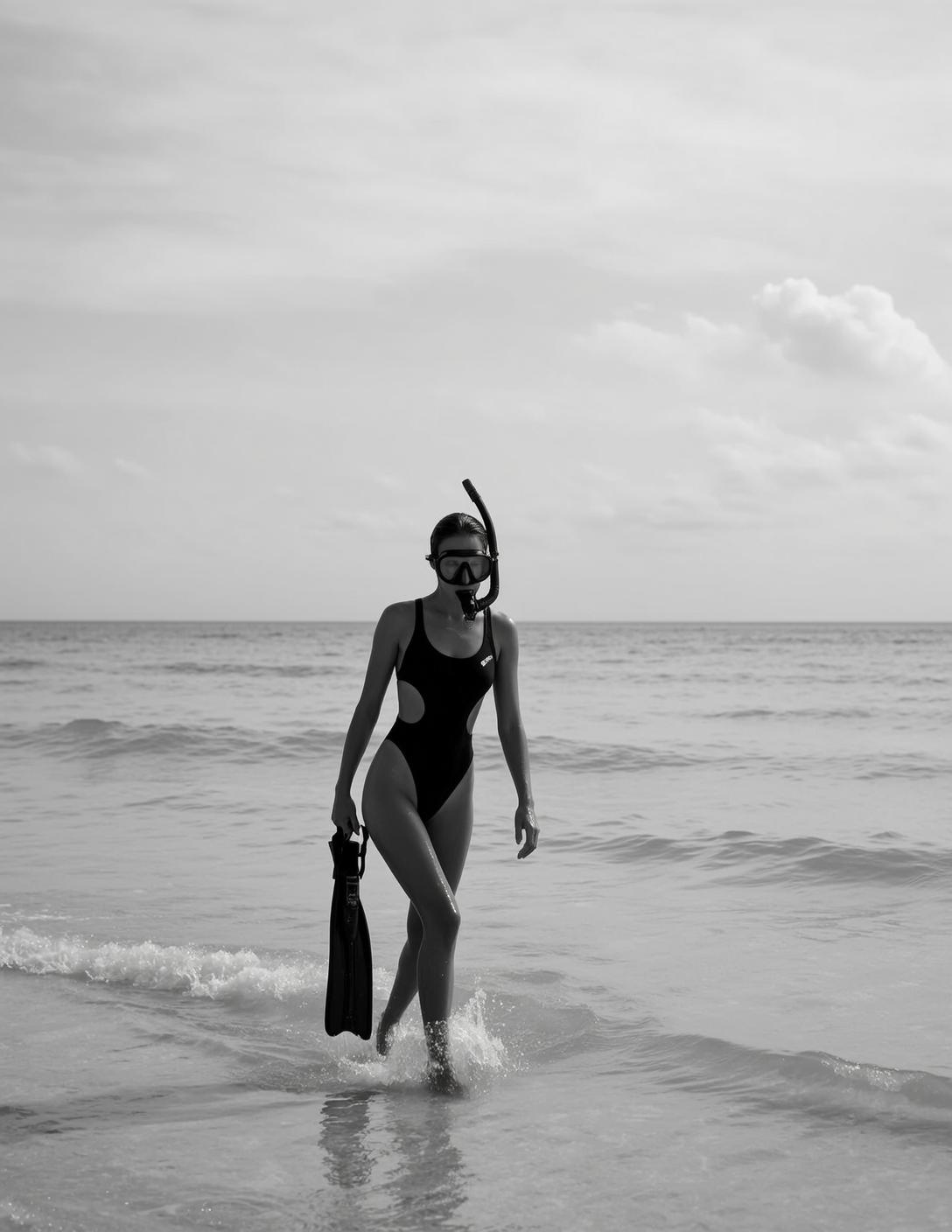 Full-body Vertical Photorealistic Black And White Image Shows Slender Woman reference photo