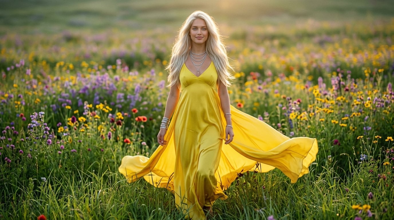 A serene woman in a cerulean flowing silk dress walking through a vibrant wildflower meadow, with vivid purples, yellows, and reds surrounding her.