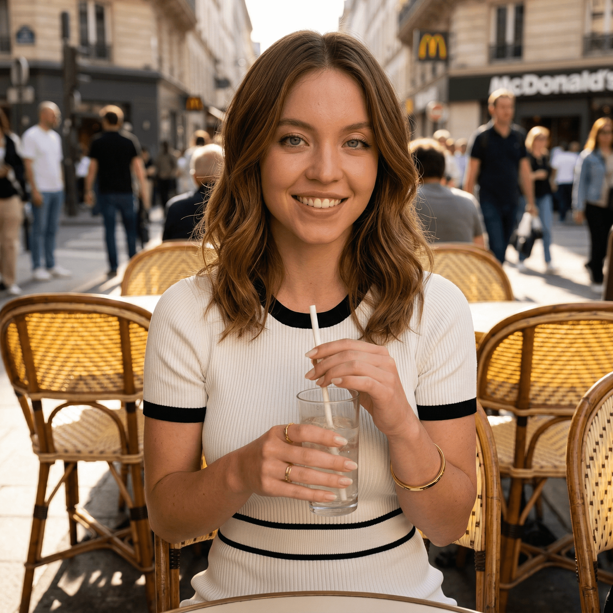 A person at a Paris cafe table, wearing a white knit top, holding water, with gold rings, against a blurred street background.
