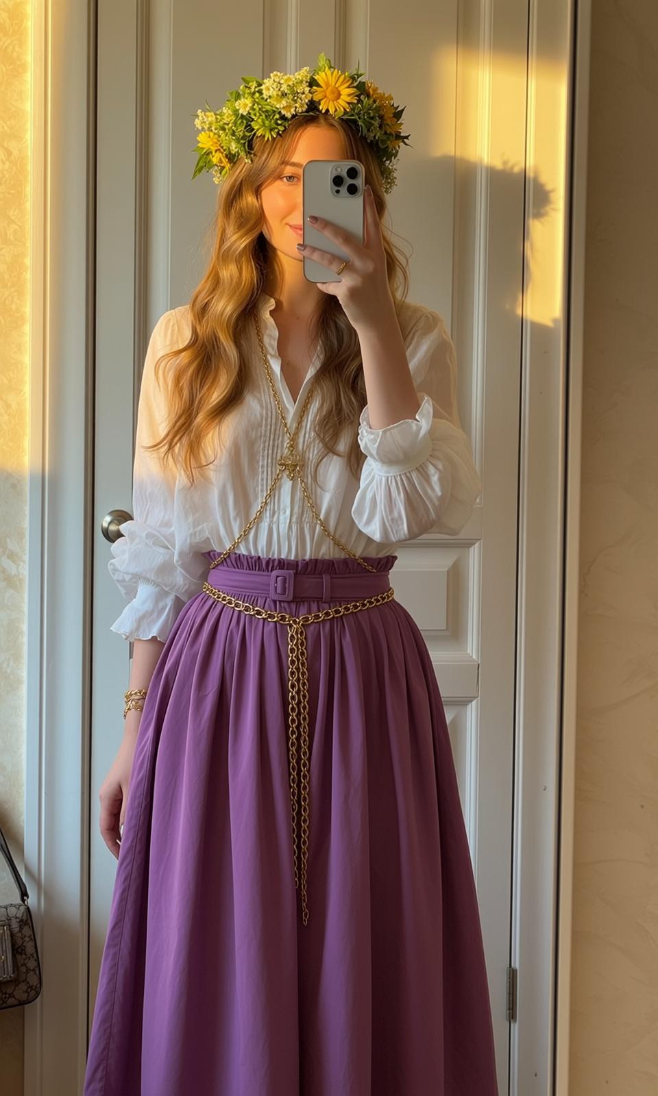 Blonde Woman White Blouse Purple Skirt Flower Crown Selfie reference photo