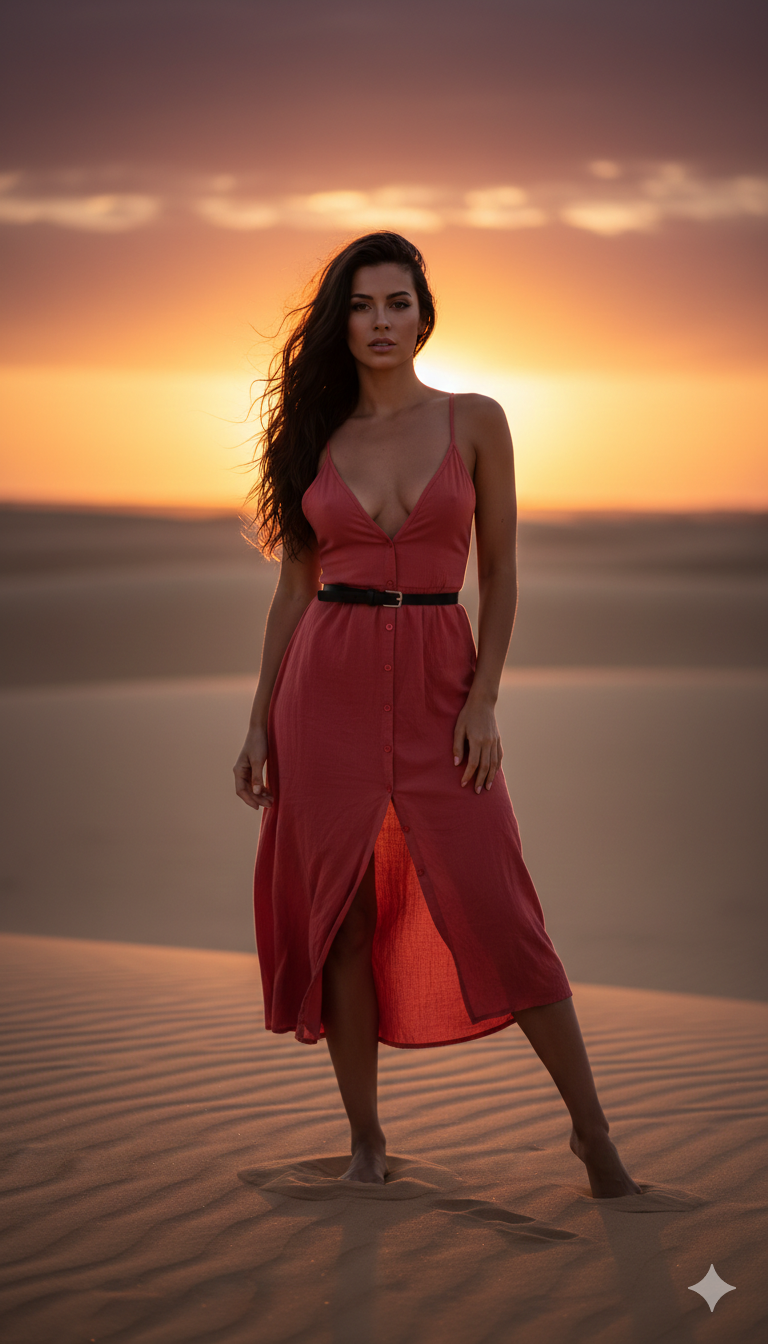 Woman Red Dress Golden Dunes Sunset
