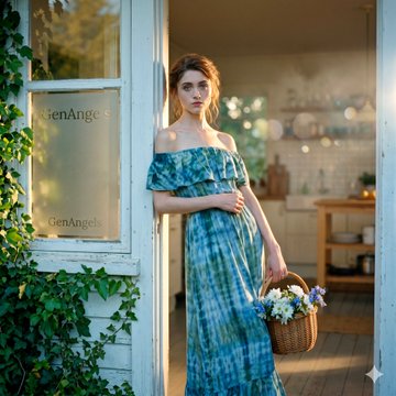 Sun Drenched Cottage Porch Blue Tie Dye Dress Daisies
