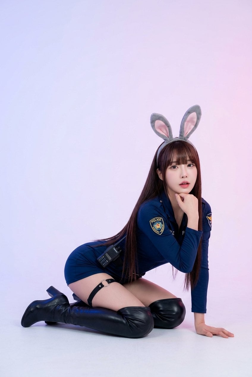 A young woman in a police-inspired fitted uniform mini dress kneeling in a stylish studio with a misty backdrop, showcasing soft lighting effects.