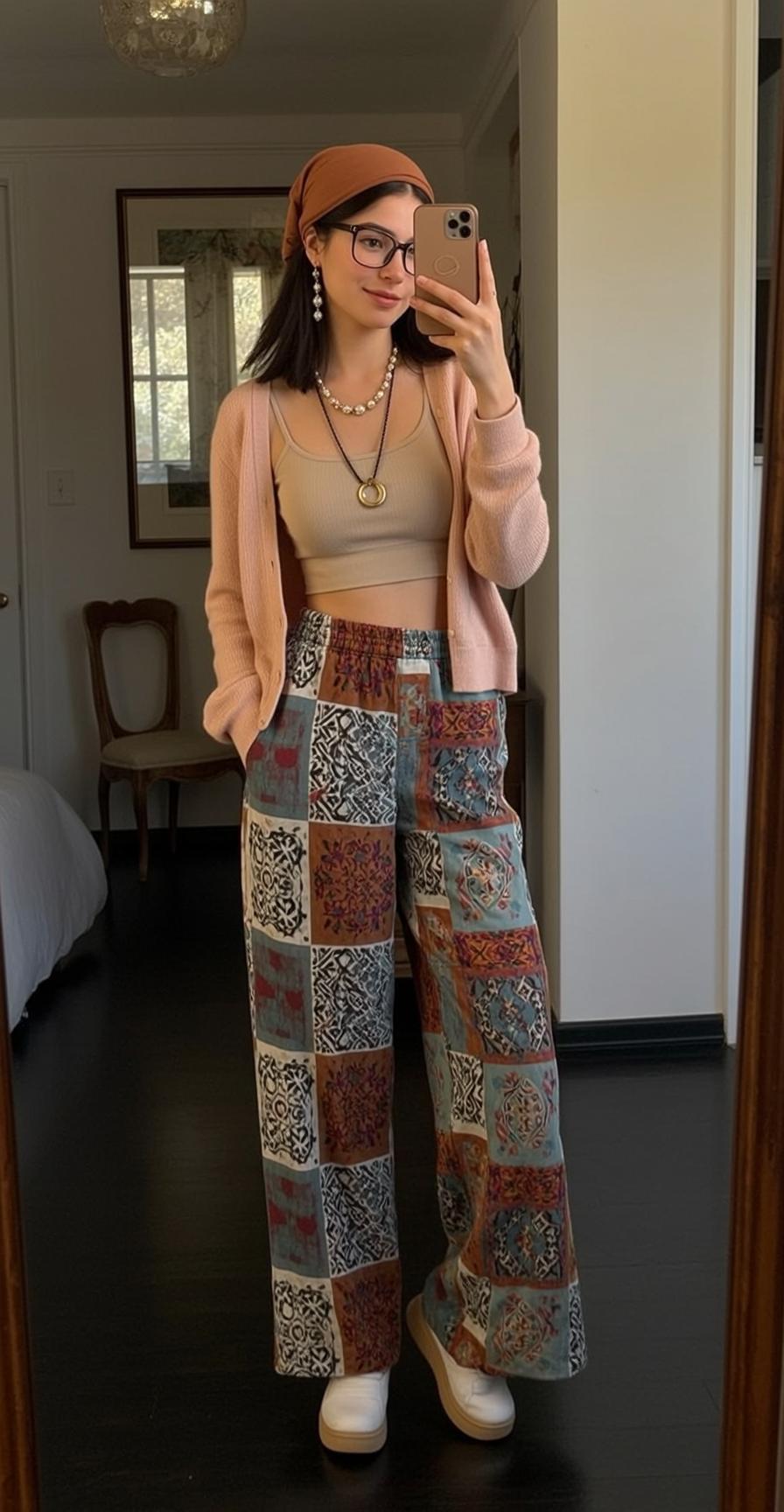Pink Cardigan Taking Selfie In Bedroom reference photo