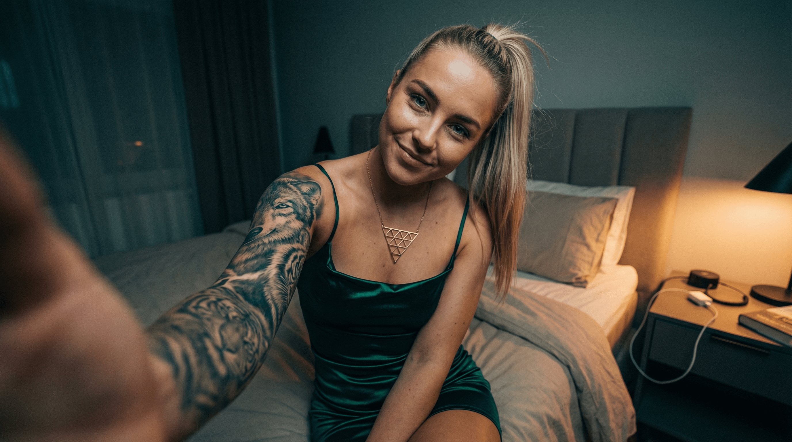 An ultra-realistic photo of a woman in a dark emerald dress taken in soft lamplight with teal shadows. A modern bedroom setting enhances intimacy.