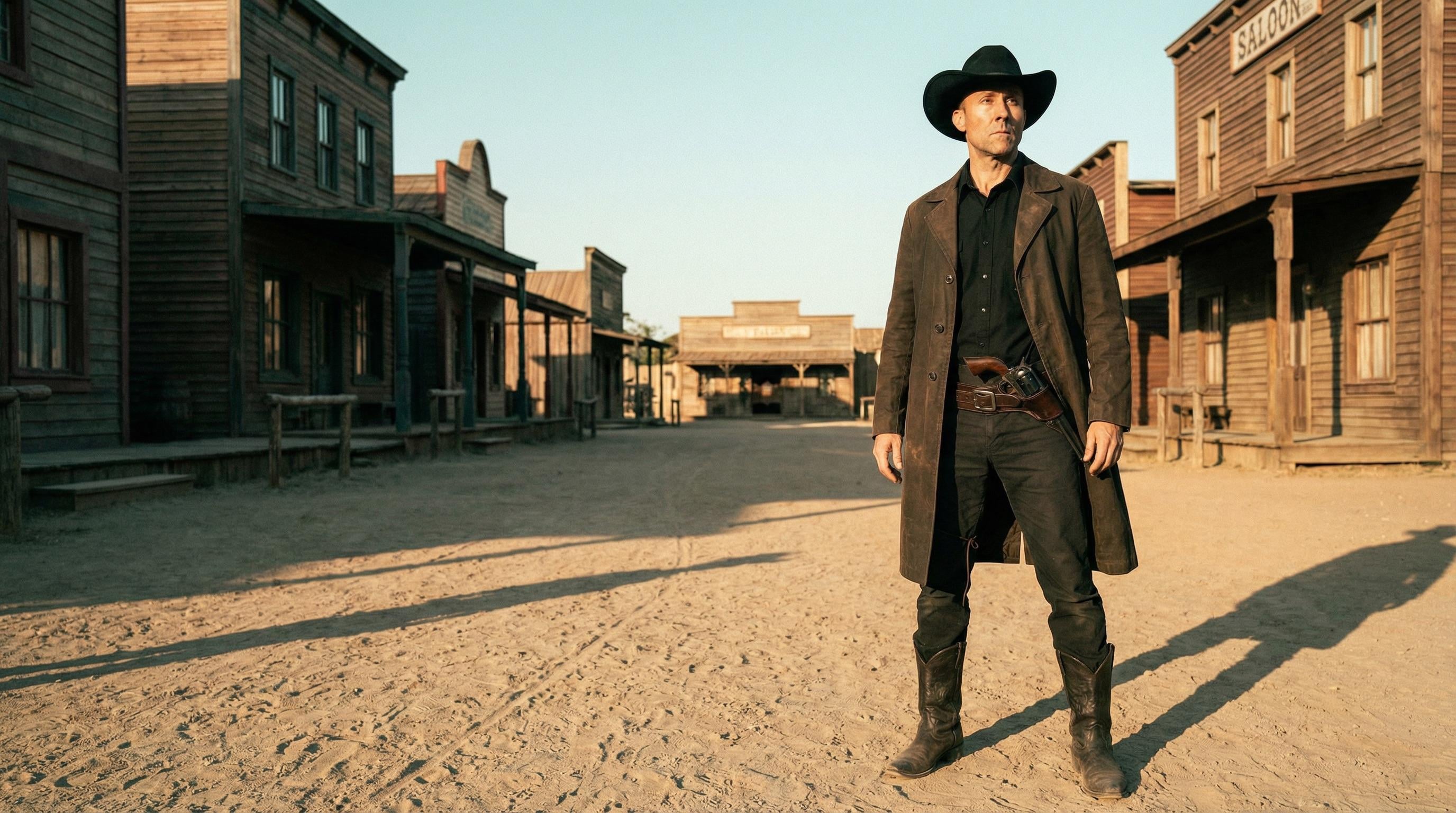 A photorealistic wild west cowboy in a golden hour duel with long shadows.