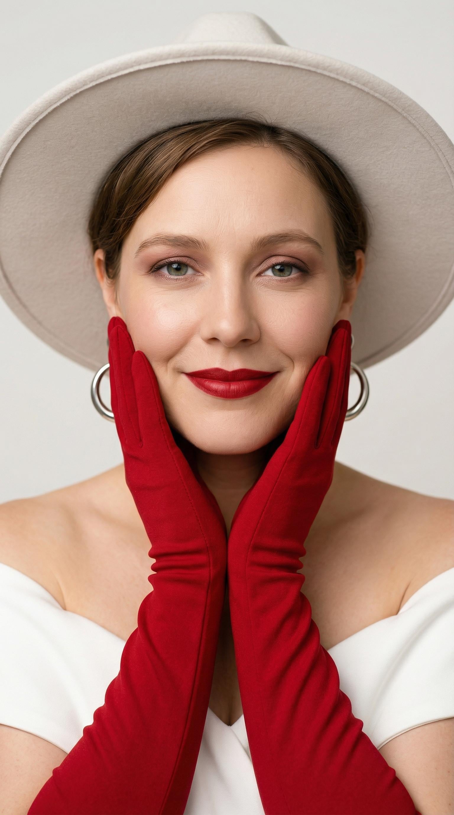 White Dress Scarlet Gloves Hat Close Up