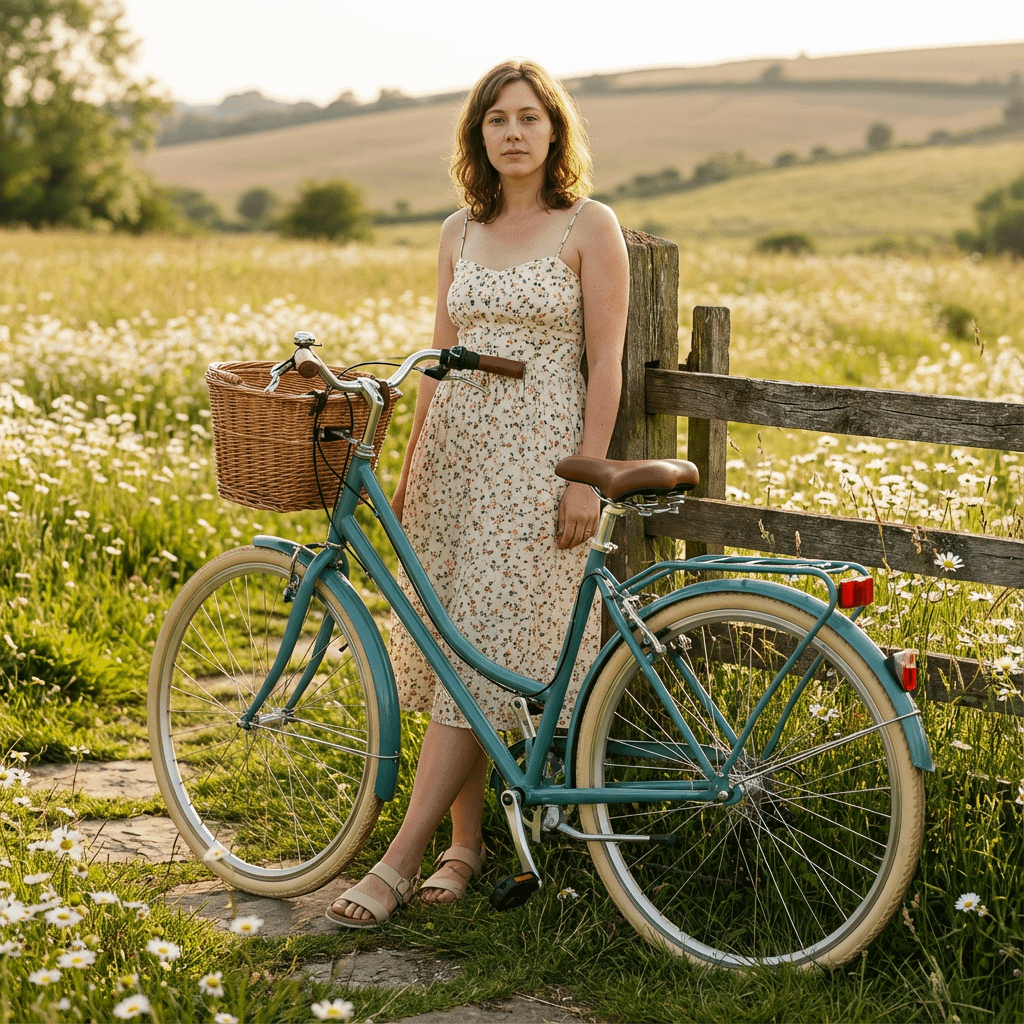 Countryside Photograph Woman Floral Sundress Vintage Bicycle Meadow