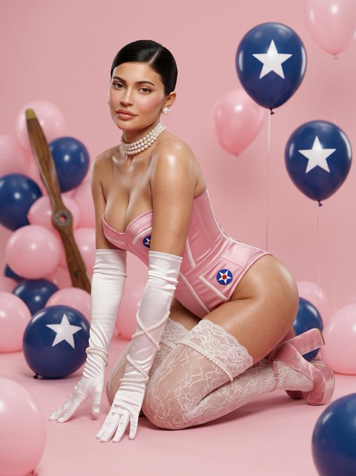 Elegant woman in pastel satin corset bodysuit, kneeling in studio with pink backdrop