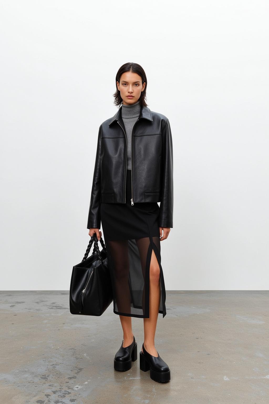 Grey Turtleneck Black Midi Skirt Studio reference photo