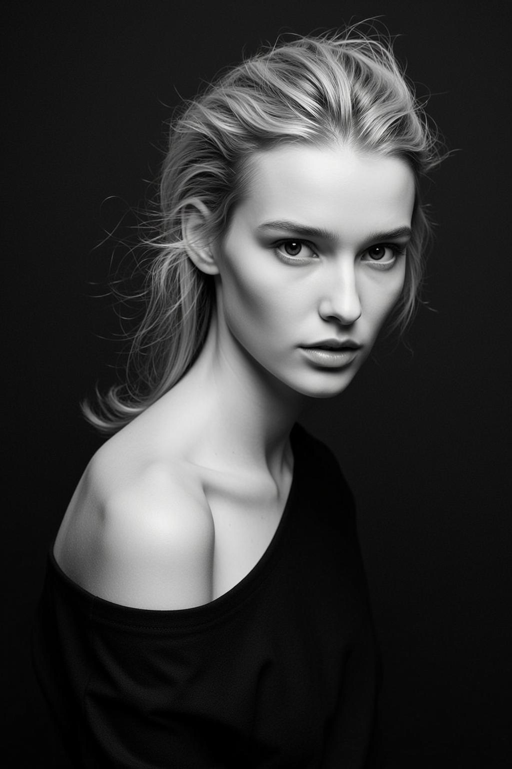 Photorealistic High-contrast Black And White Portrait Young Woman With Fair reference photo