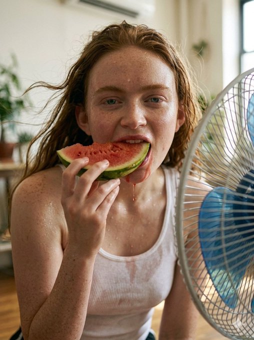 A woman bites into a juicy watermelon slice, sunlit room with fan blowing her hair.