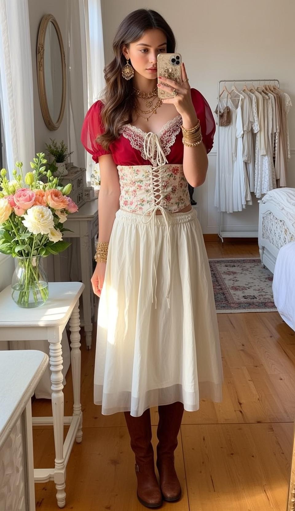 Bedroom Mirror Selfie Red Sheer Top Cream Skirt reference photo