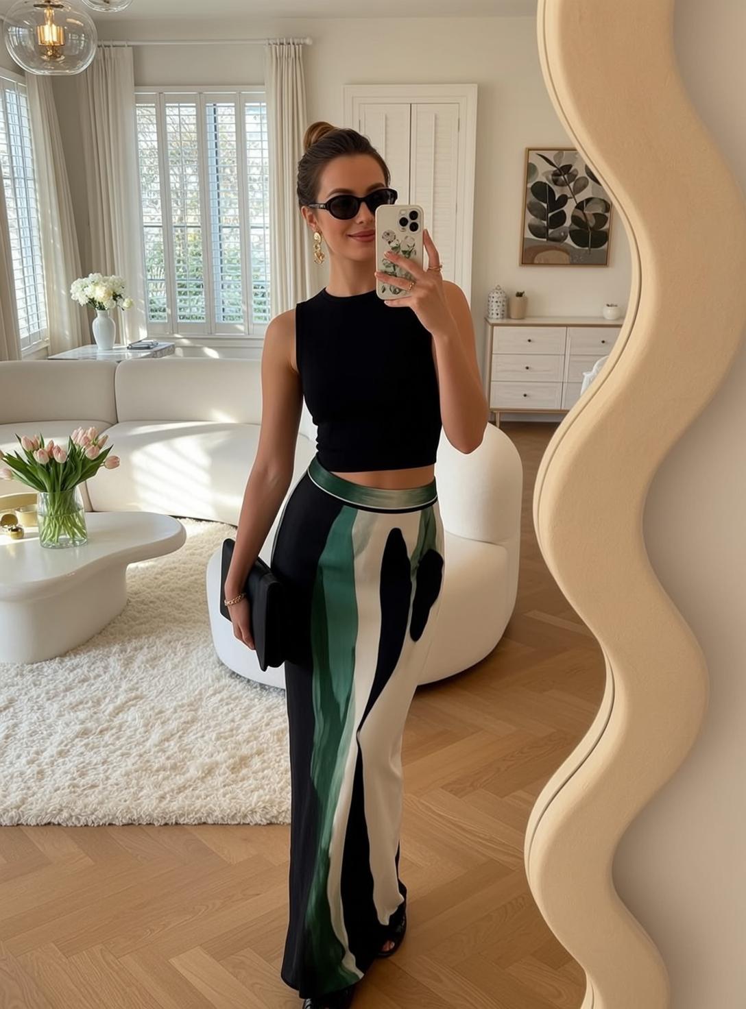 Black Crop Top And Printed Skirt Taking Selfie reference photo