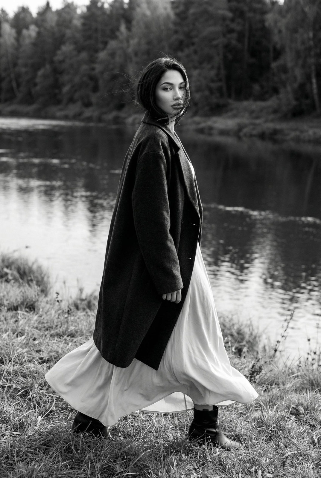Walking River Forest Black White Cinematic