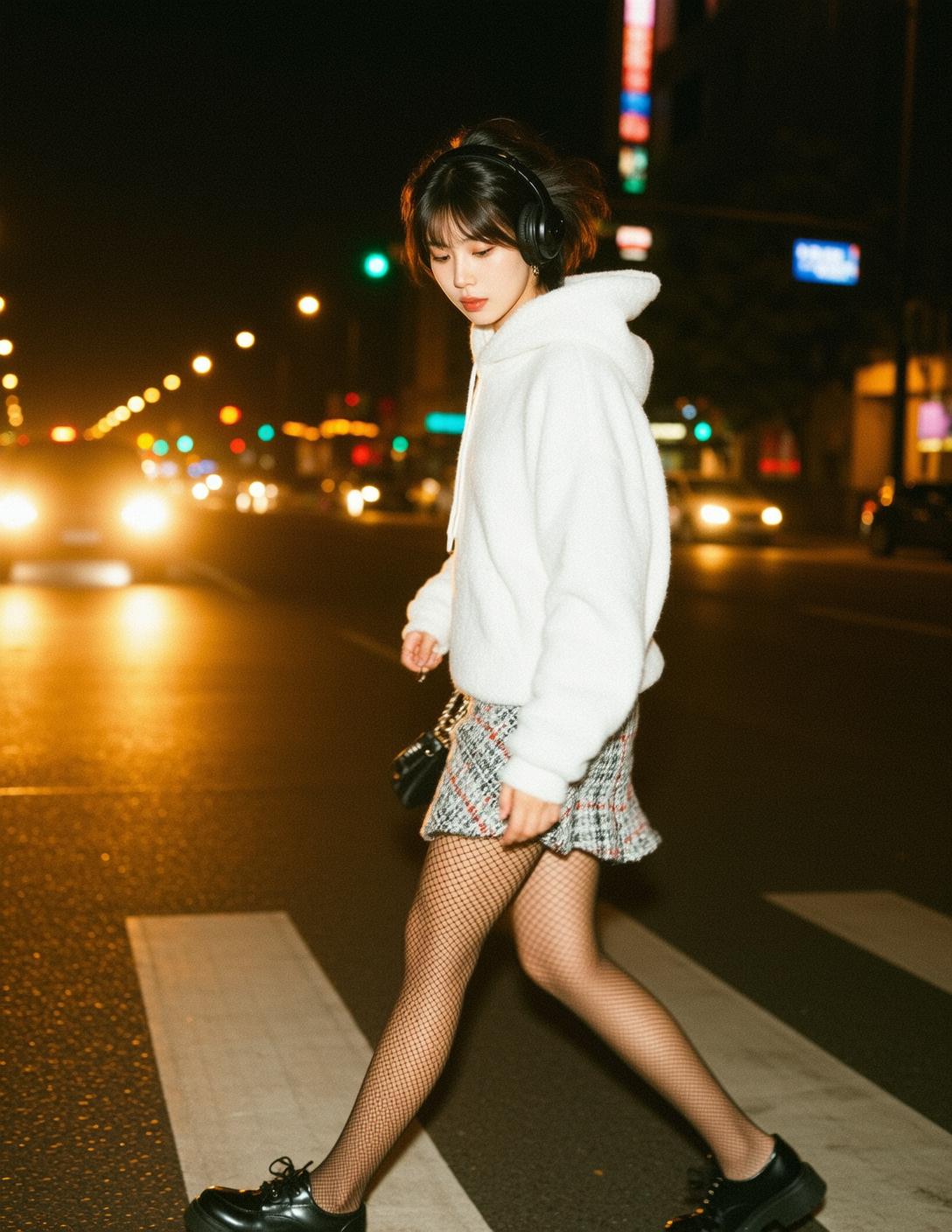 Explore Young Captured Mid-stride Crossing Street Night reference photo