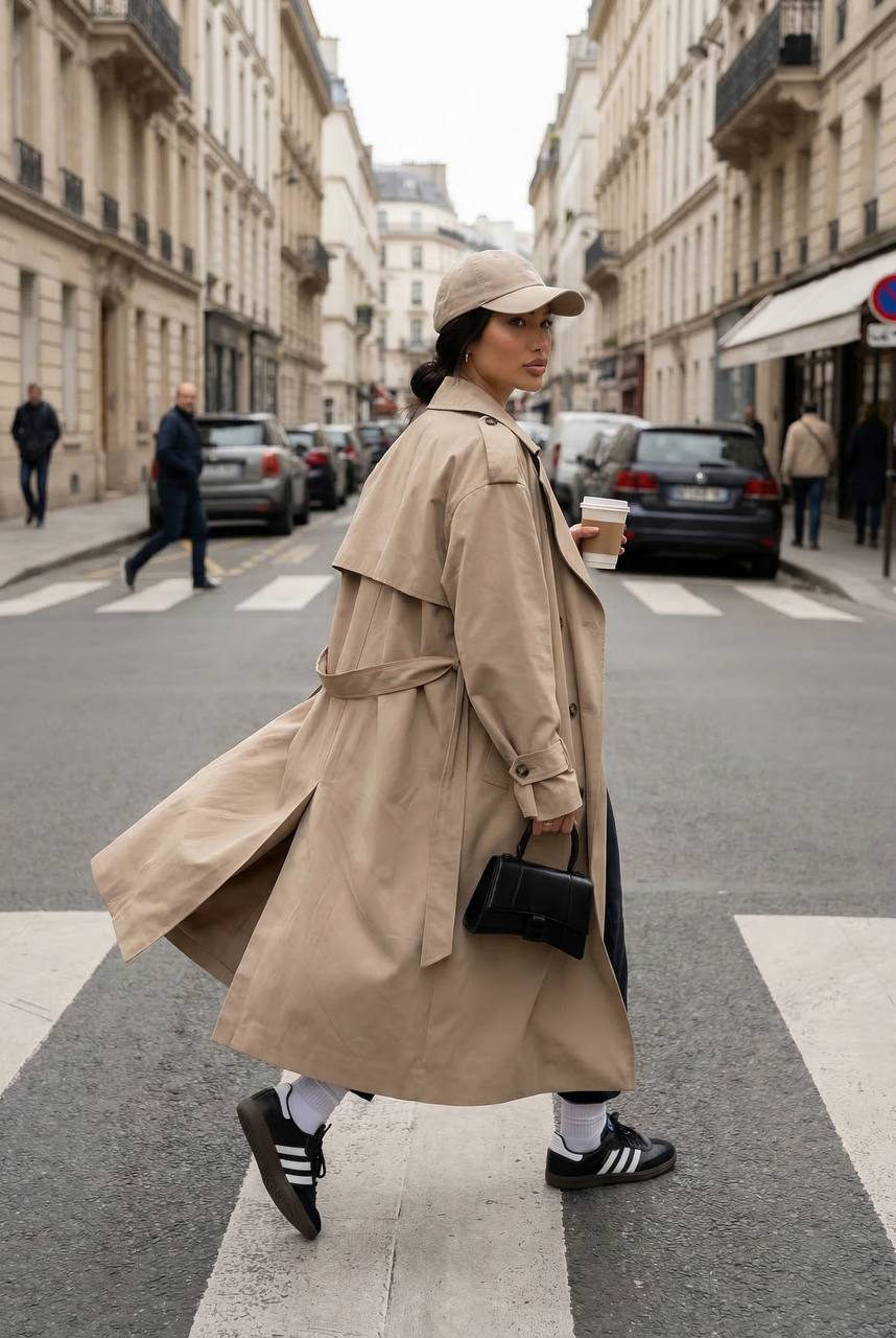 Walking City Crosswalk Flowing Beige Trench Coat