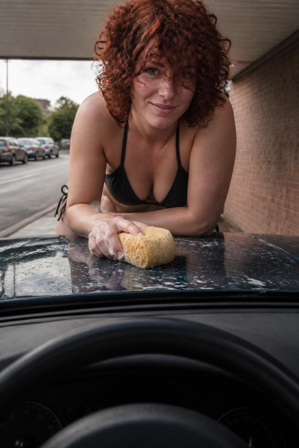 A woman with tight red curls leaning over a wet car hood, holding a yellow sponge in natural daylight.