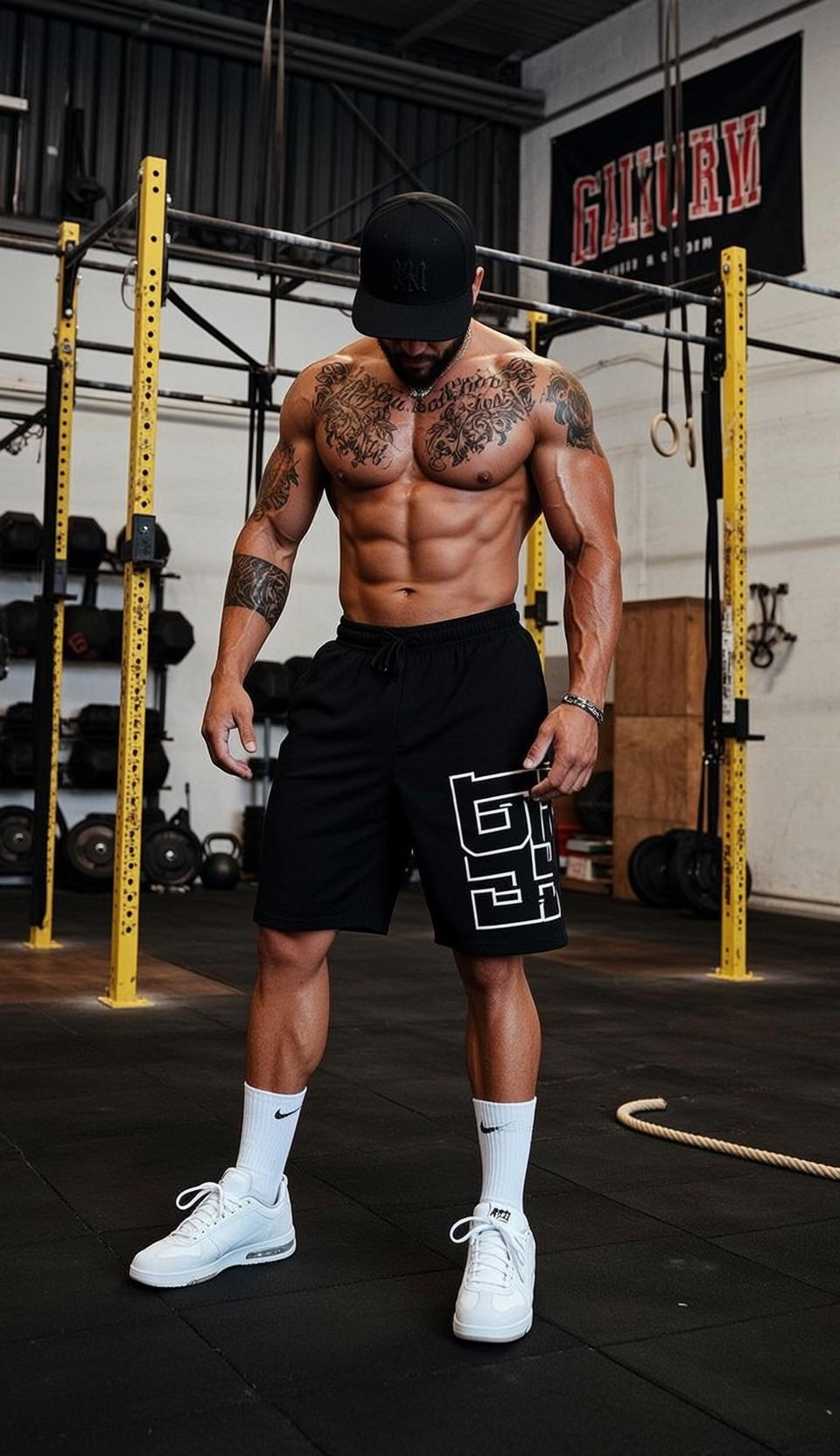 Muscular Black Baseball Cap Tan Athletic Shorts reference photo