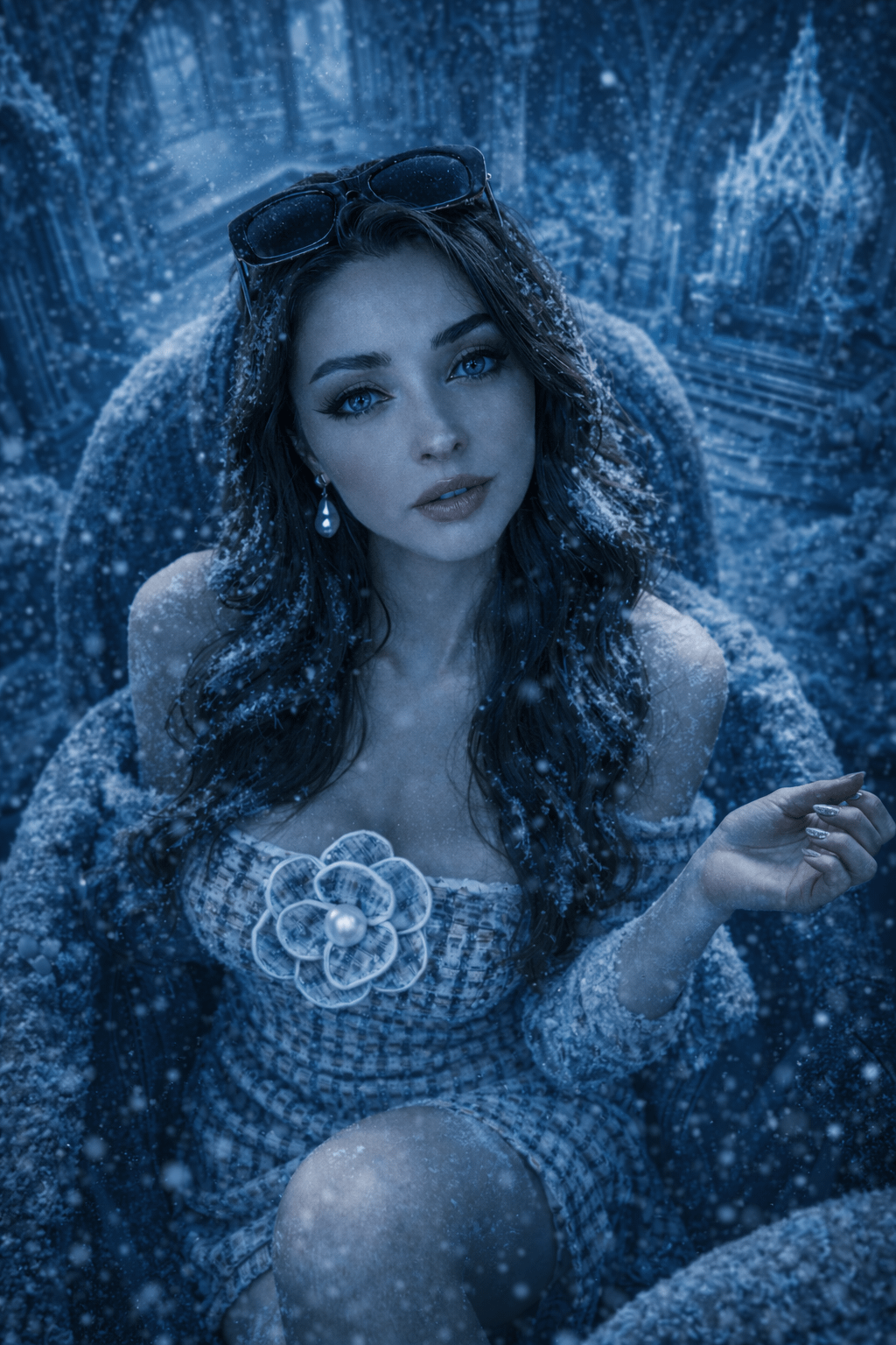 Snowy Hair Tweed Dress Pearl Earring Seated Pose