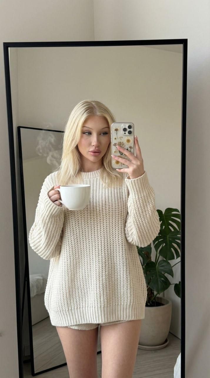 Realistic Woman Mirror Selfie Cozy Room