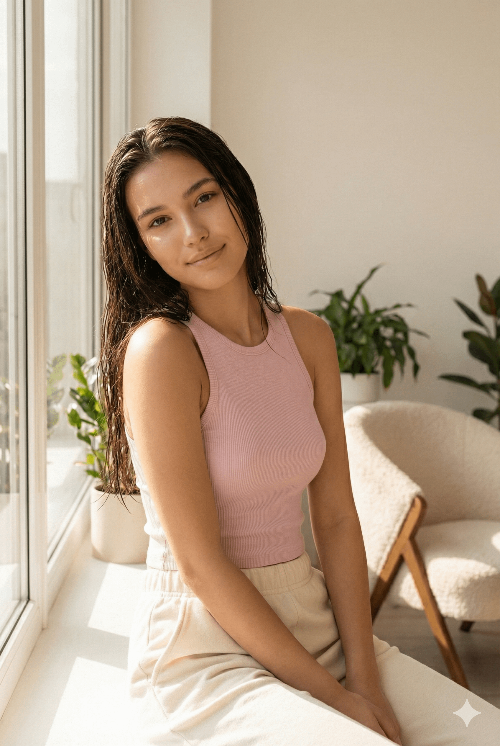 Soft Light Pink Tank Cream Sweatpants Armchair Plants