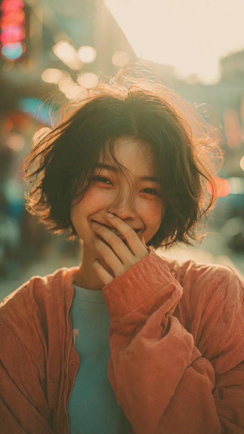 Cinematic portrait of a woman in an oversized orange jacket, smiling shyly with dreamy bokeh city lights in the background.