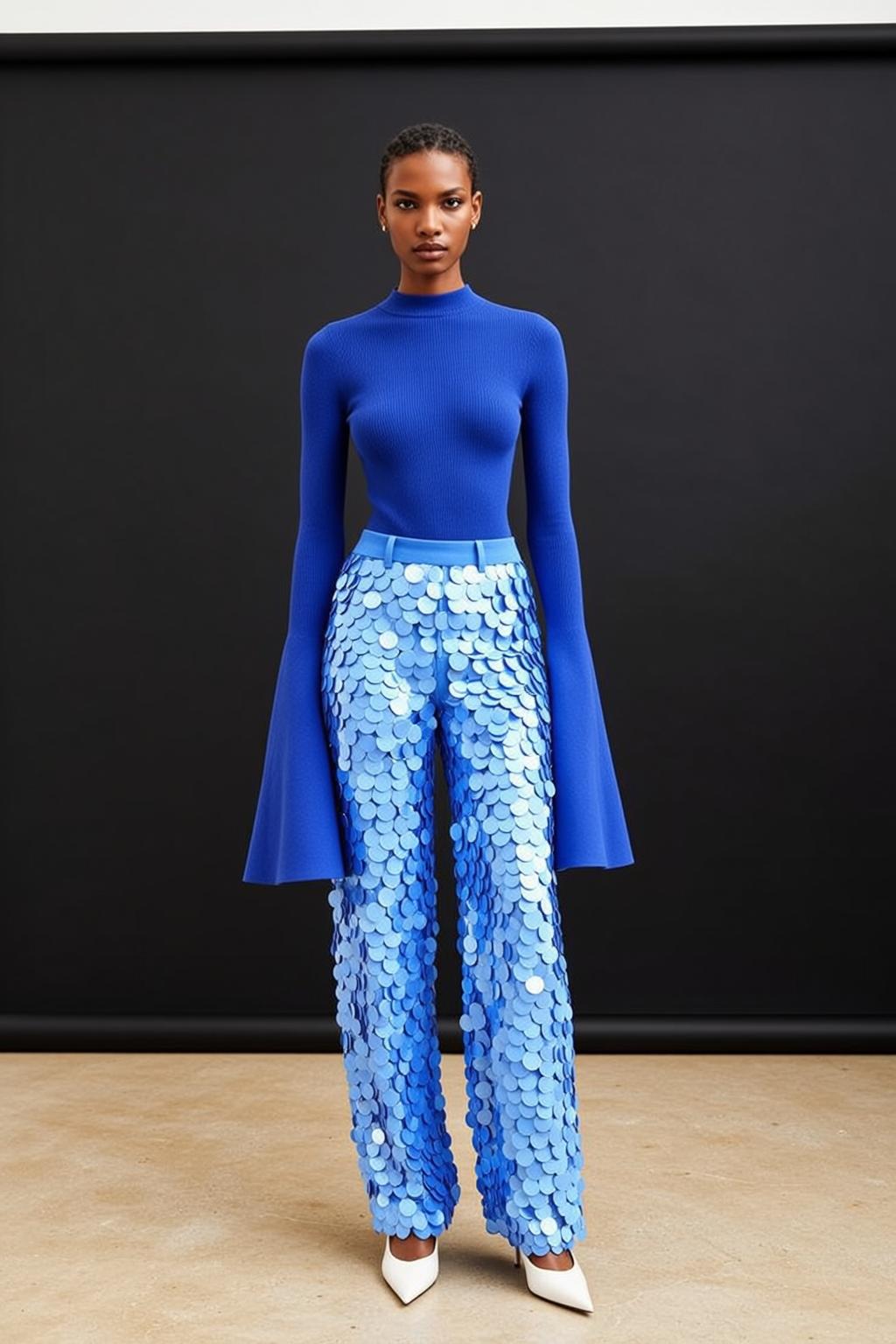 Dark Skin Woman Blue Sequin Outfit Studio reference photo