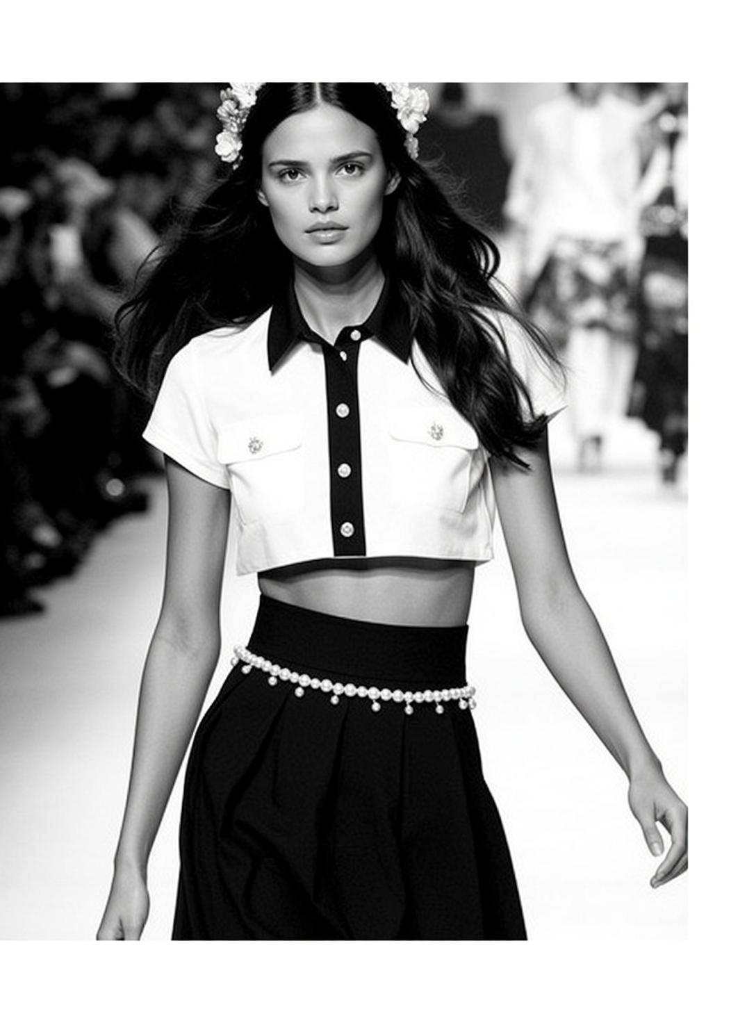 Model Walking Runway White Shirt Black Skirt reference photo